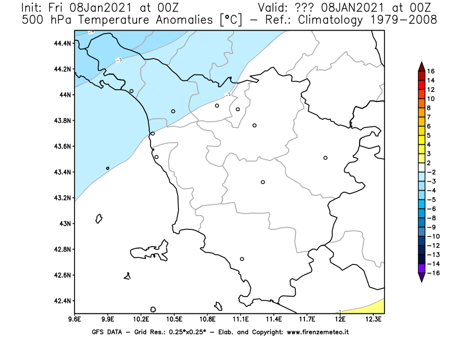 Mappa di analisi GFS - Anomalia Temperatura [°C] a 500 hPa in Toscana
							del 08/01/2021 00 <!--googleoff: index-->UTC<!--googleon: index-->