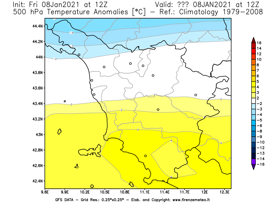 Mappa di analisi GFS - Anomalia Temperatura [°C] a 500 hPa in Toscana
							del 08/01/2021 12 <!--googleoff: index-->UTC<!--googleon: index-->