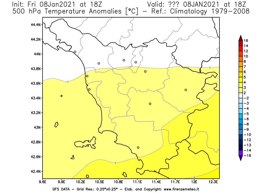 Mappa di analisi GFS - Anomalia Temperatura [°C] a 500 hPa in Toscana
							del 08/01/2021 18 <!--googleoff: index-->UTC<!--googleon: index-->
