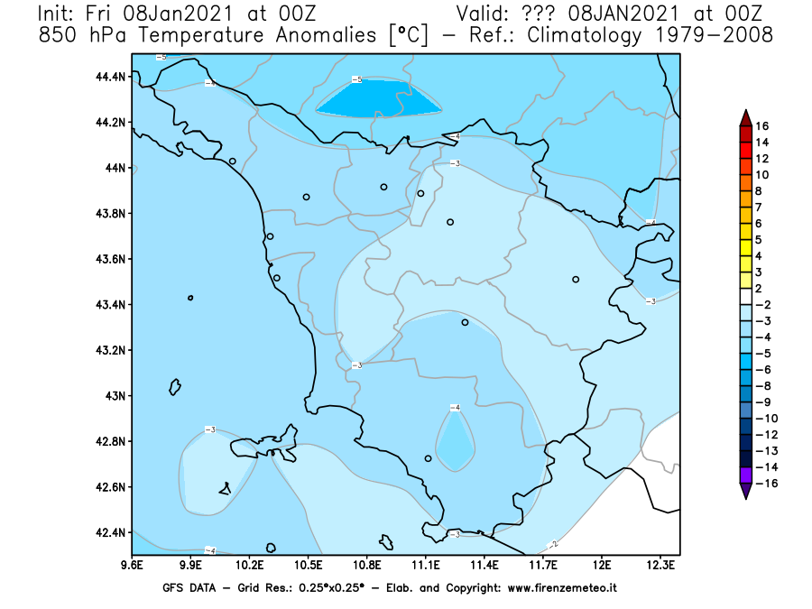 Mappa di analisi GFS - Anomalia Temperatura [°C] a 850 hPa in Toscana
							del 08/01/2021 00 <!--googleoff: index-->UTC<!--googleon: index-->