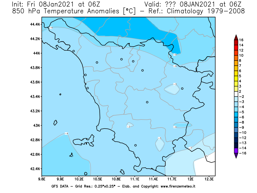 Mappa di analisi GFS - Anomalia Temperatura [°C] a 850 hPa in Toscana
							del 08/01/2021 06 <!--googleoff: index-->UTC<!--googleon: index-->