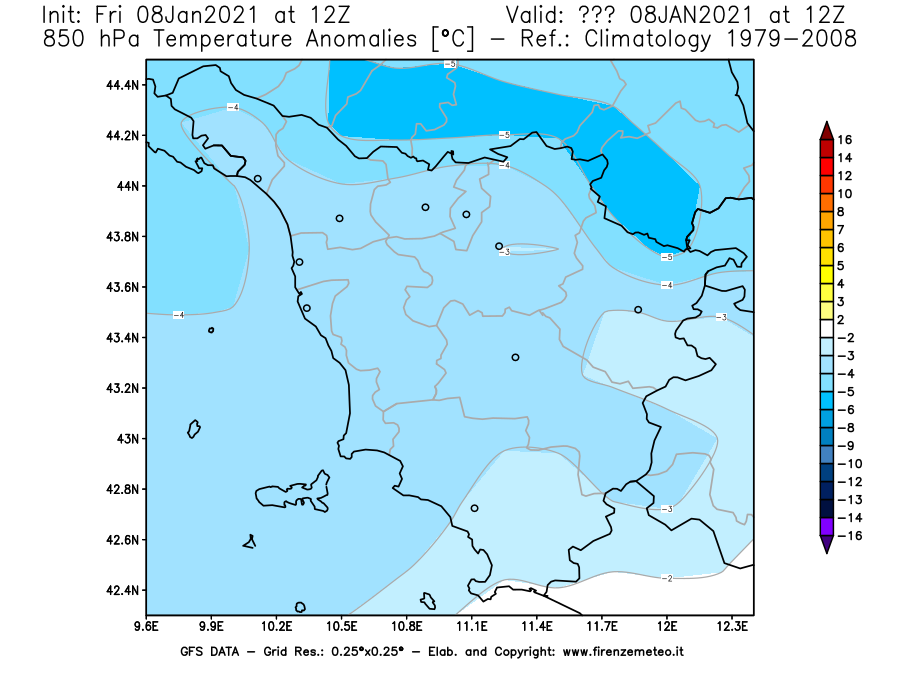 Mappa di analisi GFS - Anomalia Temperatura [°C] a 850 hPa in Toscana
							del 08/01/2021 12 <!--googleoff: index-->UTC<!--googleon: index-->