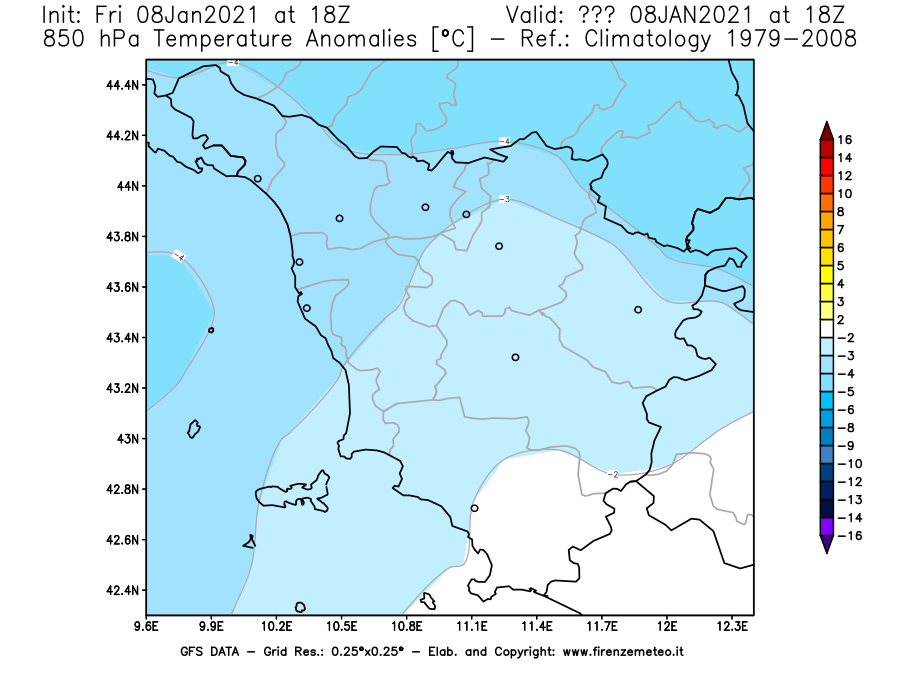 Mappa di analisi GFS - Anomalia Temperatura [°C] a 850 hPa in Toscana
							del 08/01/2021 18 <!--googleoff: index-->UTC<!--googleon: index-->