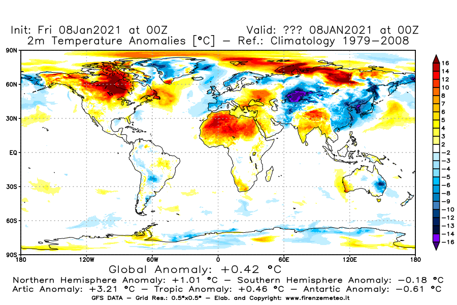 Mappa di analisi GFS - Anomalia Temperatura [°C] a 2 m in World
							del 08/01/2021 00 <!--googleoff: index-->UTC<!--googleon: index-->
