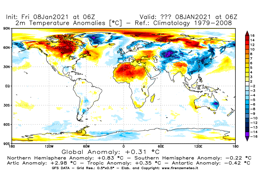 Mappa di analisi GFS - Anomalia Temperatura [°C] a 2 m in World
							del 08/01/2021 06 <!--googleoff: index-->UTC<!--googleon: index-->