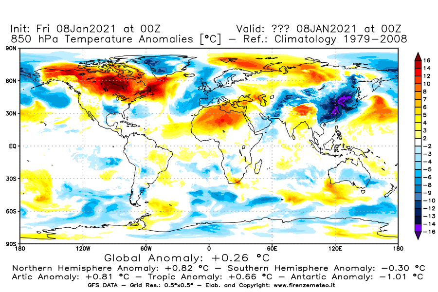Mappa di analisi GFS - Anomalia Temperatura [°C] a 850 hPa in World
							del 08/01/2021 00 <!--googleoff: index-->UTC<!--googleon: index-->