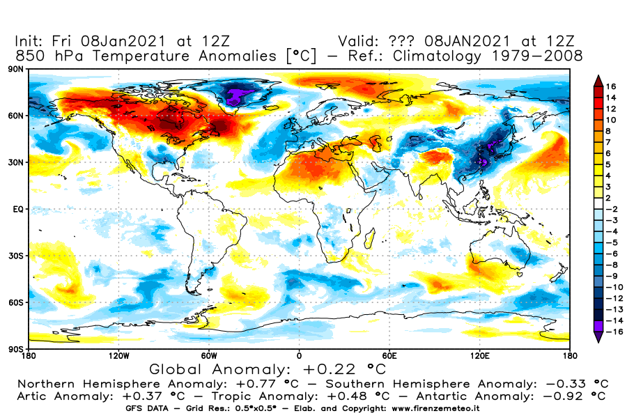 Mappa di analisi GFS - Anomalia Temperatura [°C] a 850 hPa in World
							del 08/01/2021 12 <!--googleoff: index-->UTC<!--googleon: index-->