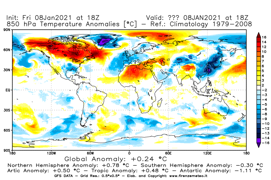 Mappa di analisi GFS - Anomalia Temperatura [°C] a 850 hPa in World
							del 08/01/2021 18 <!--googleoff: index-->UTC<!--googleon: index-->