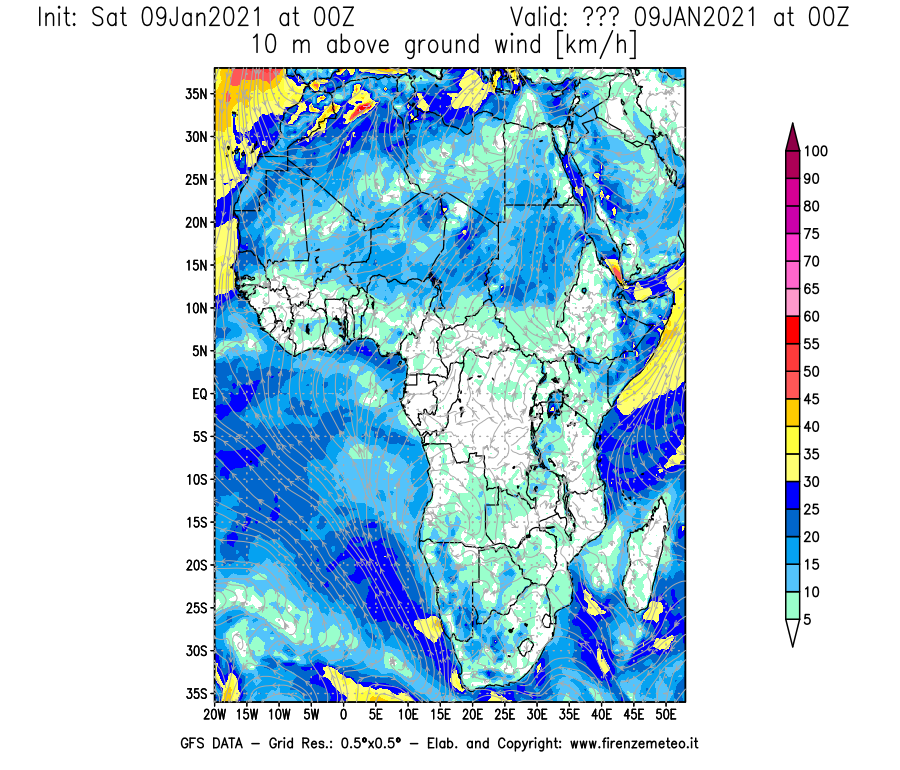 Mappa di analisi GFS - Velocità del vento a 10 metri dal suolo [km/h] in Africa
							del 09/01/2021 00 <!--googleoff: index-->UTC<!--googleon: index-->