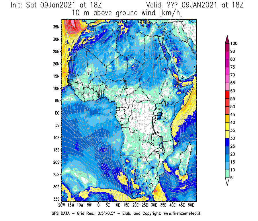 Mappa di analisi GFS - Velocità del vento a 10 metri dal suolo [km/h] in Africa
							del 09/01/2021 18 <!--googleoff: index-->UTC<!--googleon: index-->