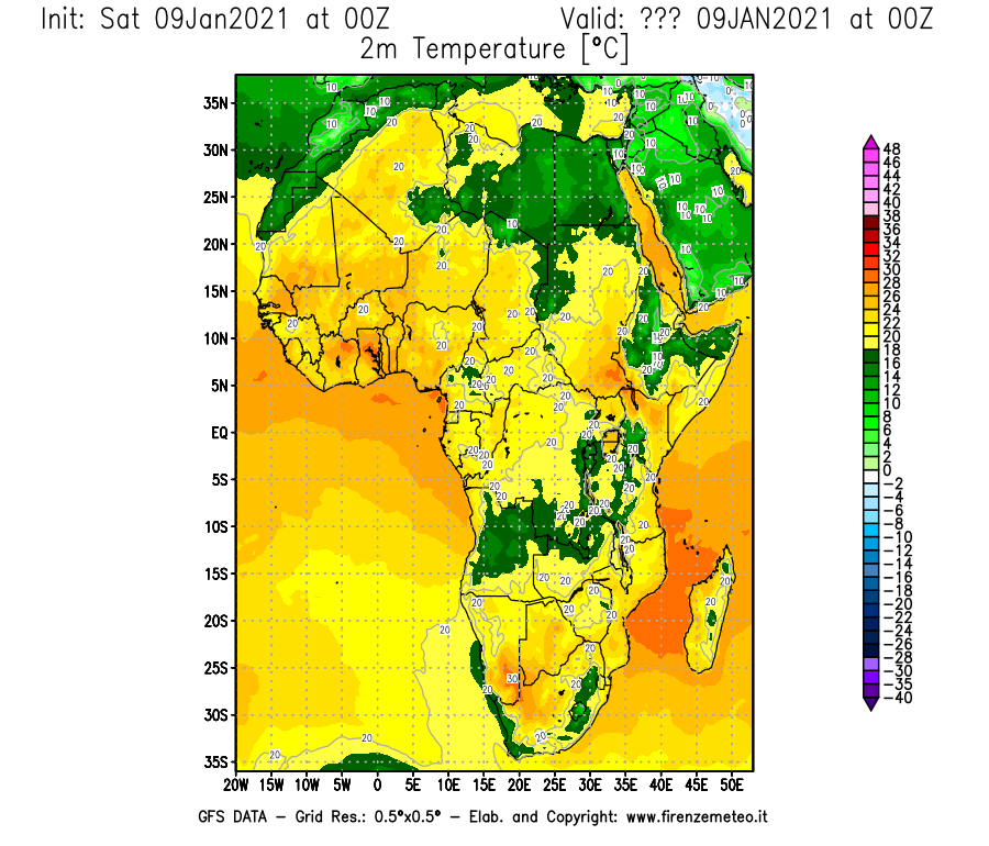 Mappa di analisi GFS - Temperatura a 2 metri dal suolo [°C] in Africa
							del 09/01/2021 00 <!--googleoff: index-->UTC<!--googleon: index-->