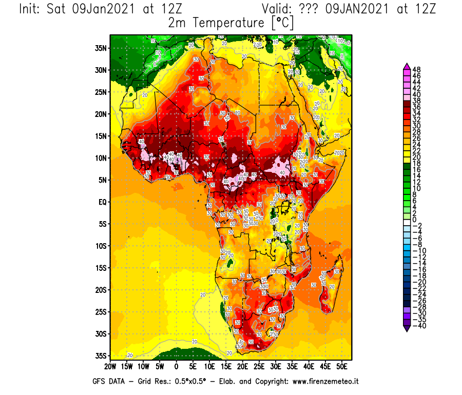Mappa di analisi GFS - Temperatura a 2 metri dal suolo [°C] in Africa
							del 09/01/2021 12 <!--googleoff: index-->UTC<!--googleon: index-->