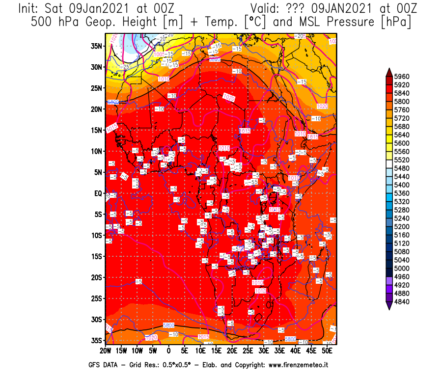 Mappa di analisi GFS - Geopotenziale [m] + Temp. [°C] a 500 hPa + Press. a livello del mare [hPa] in Africa
							del 09/01/2021 00 <!--googleoff: index-->UTC<!--googleon: index-->