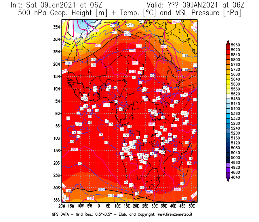 Mappa di analisi GFS - Geopotenziale [m] + Temp. [°C] a 500 hPa + Press. a livello del mare [hPa] in Africa
							del 09/01/2021 06 <!--googleoff: index-->UTC<!--googleon: index-->