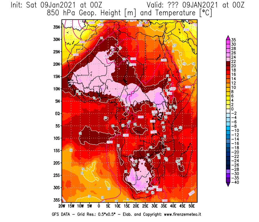 Mappa di analisi GFS - Geopotenziale [m] e Temperatura [°C] a 850 hPa in Africa
							del 09/01/2021 00 <!--googleoff: index-->UTC<!--googleon: index-->