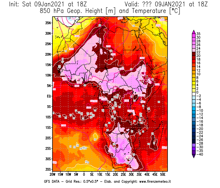 Mappa di analisi GFS - Geopotenziale [m] e Temperatura [°C] a 850 hPa in Africa
							del 09/01/2021 18 <!--googleoff: index-->UTC<!--googleon: index-->