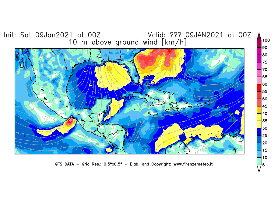 Mappa di analisi GFS - Velocità del vento a 10 metri dal suolo [km/h] in Centro-America
							del 09/01/2021 00 <!--googleoff: index-->UTC<!--googleon: index-->