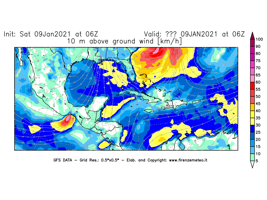 Mappa di analisi GFS - Velocità del vento a 10 metri dal suolo [km/h] in Centro-America
							del 09/01/2021 06 <!--googleoff: index-->UTC<!--googleon: index-->