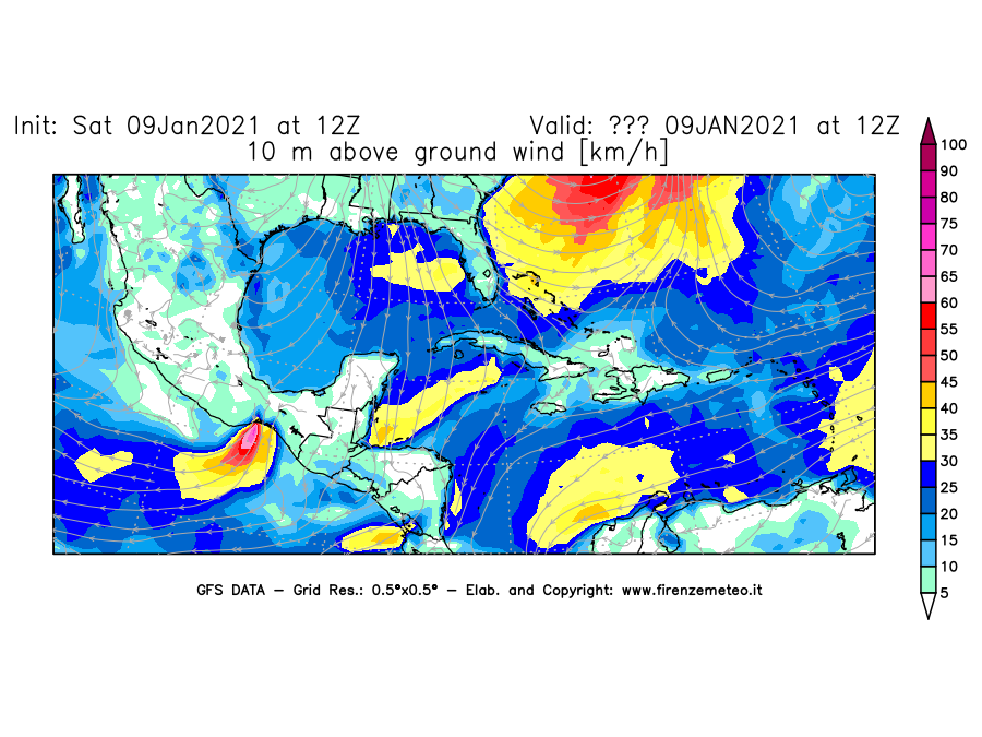 Mappa di analisi GFS - Velocità del vento a 10 metri dal suolo [km/h] in Centro-America
							del 09/01/2021 12 <!--googleoff: index-->UTC<!--googleon: index-->
