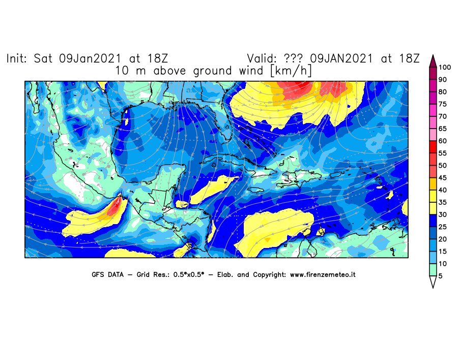 Mappa di analisi GFS - Velocità del vento a 10 metri dal suolo [km/h] in Centro-America
							del 09/01/2021 18 <!--googleoff: index-->UTC<!--googleon: index-->