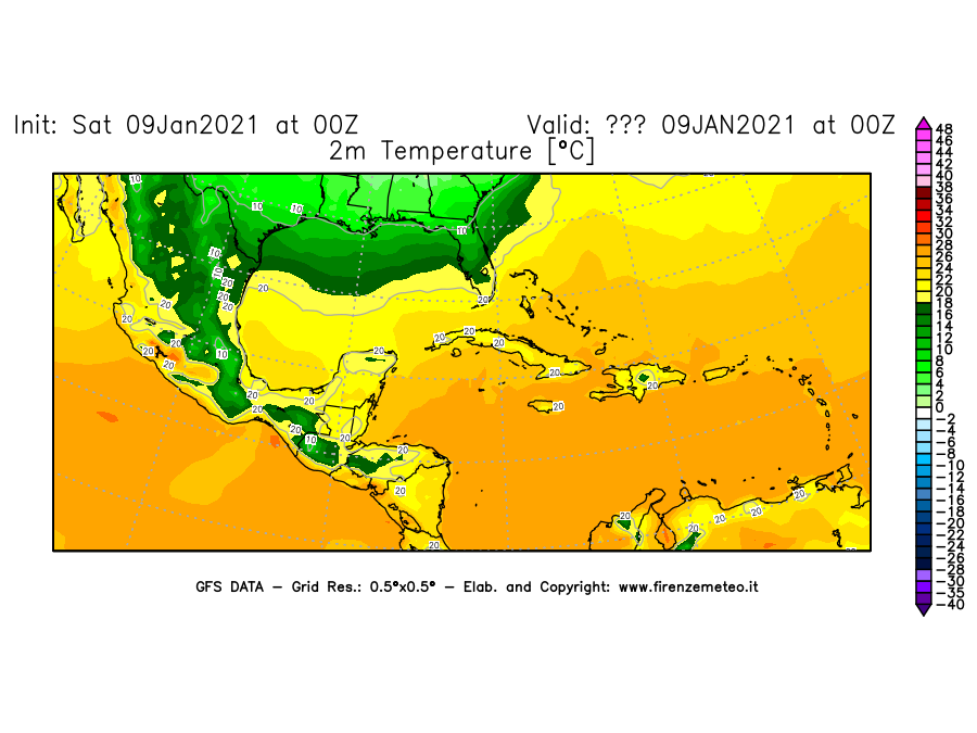 Mappa di analisi GFS - Temperatura a 2 metri dal suolo [°C] in Centro-America
							del 09/01/2021 00 <!--googleoff: index-->UTC<!--googleon: index-->