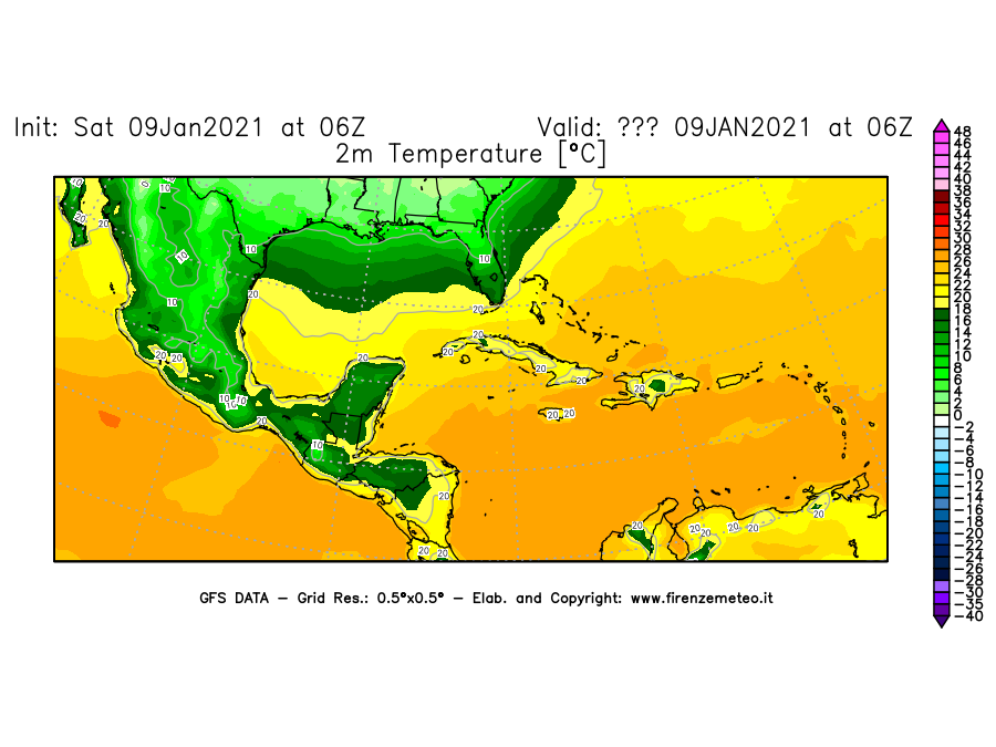 Mappa di analisi GFS - Temperatura a 2 metri dal suolo [°C] in Centro-America
							del 09/01/2021 06 <!--googleoff: index-->UTC<!--googleon: index-->