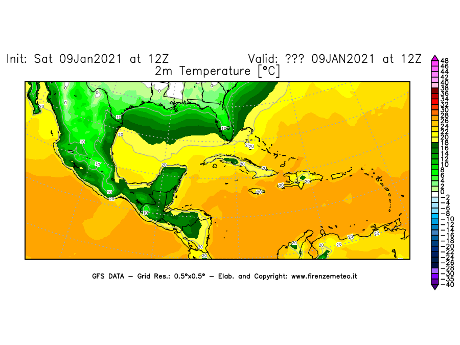 Mappa di analisi GFS - Temperatura a 2 metri dal suolo [°C] in Centro-America
							del 09/01/2021 12 <!--googleoff: index-->UTC<!--googleon: index-->