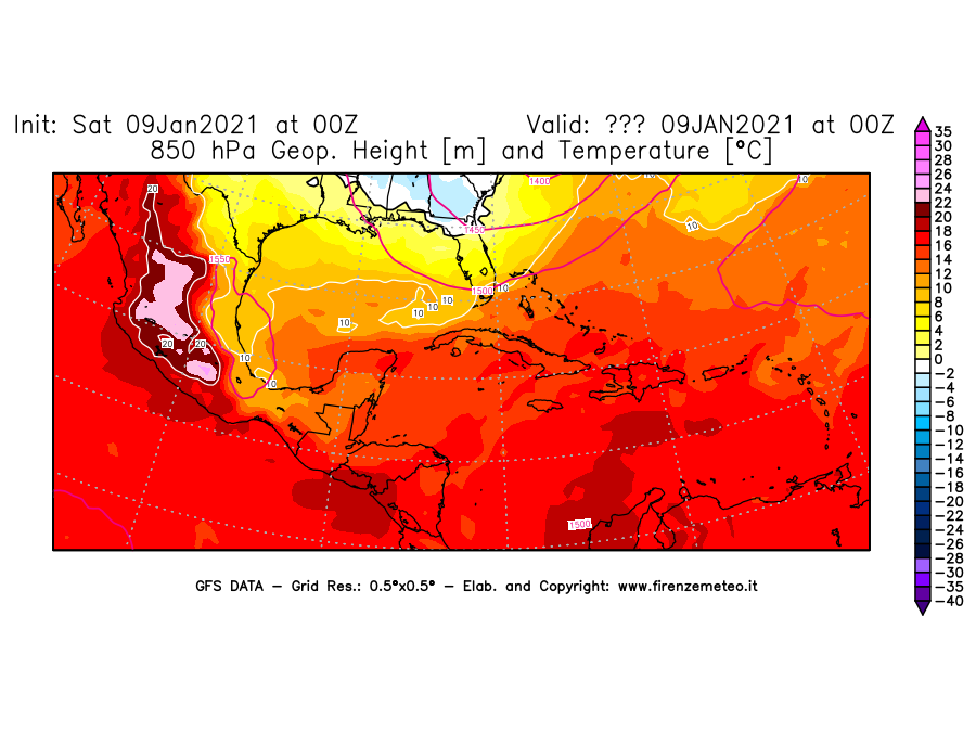 Mappa di analisi GFS - Geopotenziale [m] e Temperatura [°C] a 850 hPa in Centro-America
							del 09/01/2021 00 <!--googleoff: index-->UTC<!--googleon: index-->