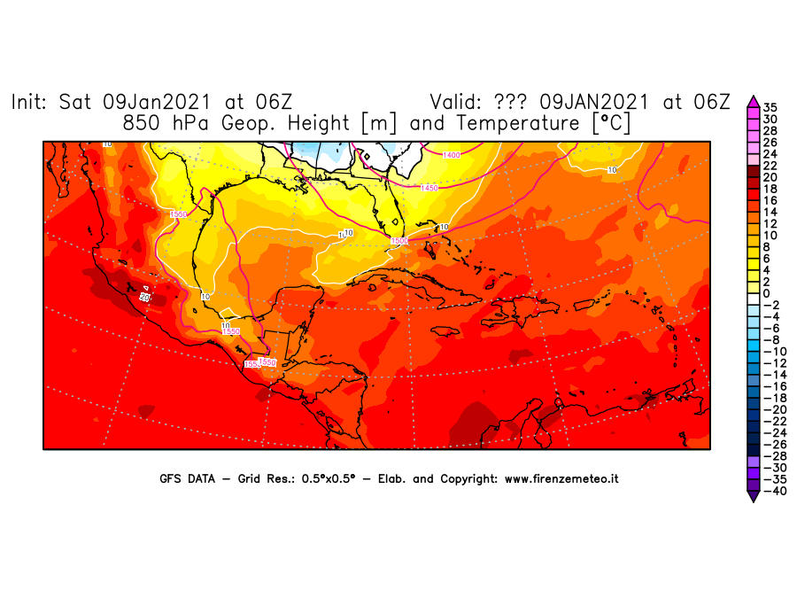 Mappa di analisi GFS - Geopotenziale [m] e Temperatura [°C] a 850 hPa in Centro-America
							del 09/01/2021 06 <!--googleoff: index-->UTC<!--googleon: index-->