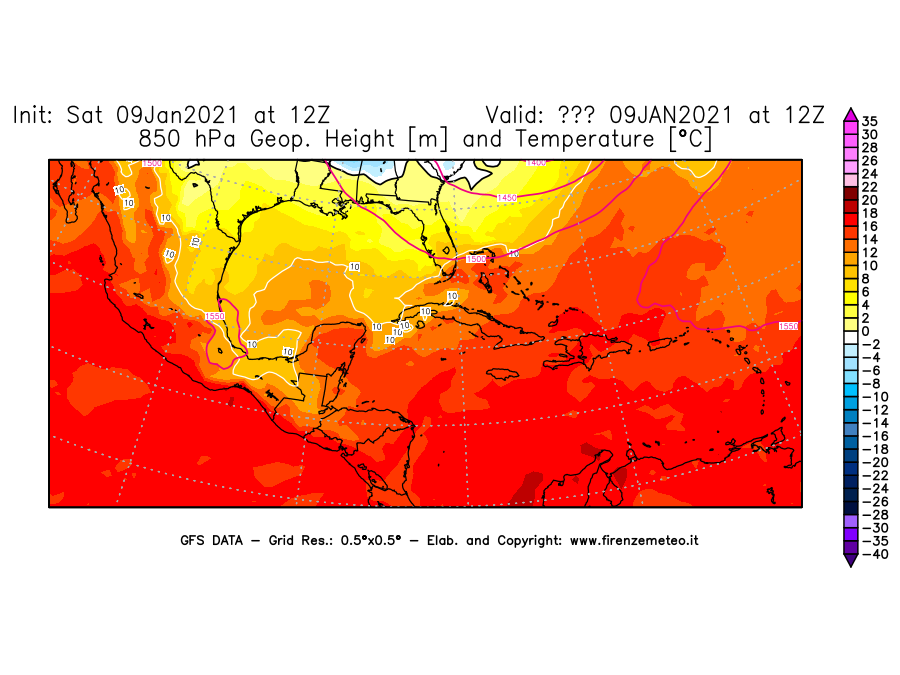 Mappa di analisi GFS - Geopotenziale [m] e Temperatura [°C] a 850 hPa in Centro-America
							del 09/01/2021 12 <!--googleoff: index-->UTC<!--googleon: index-->