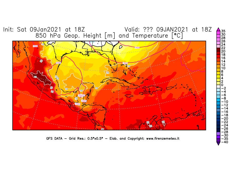 Mappa di analisi GFS - Geopotenziale [m] e Temperatura [°C] a 850 hPa in Centro-America
							del 09/01/2021 18 <!--googleoff: index-->UTC<!--googleon: index-->