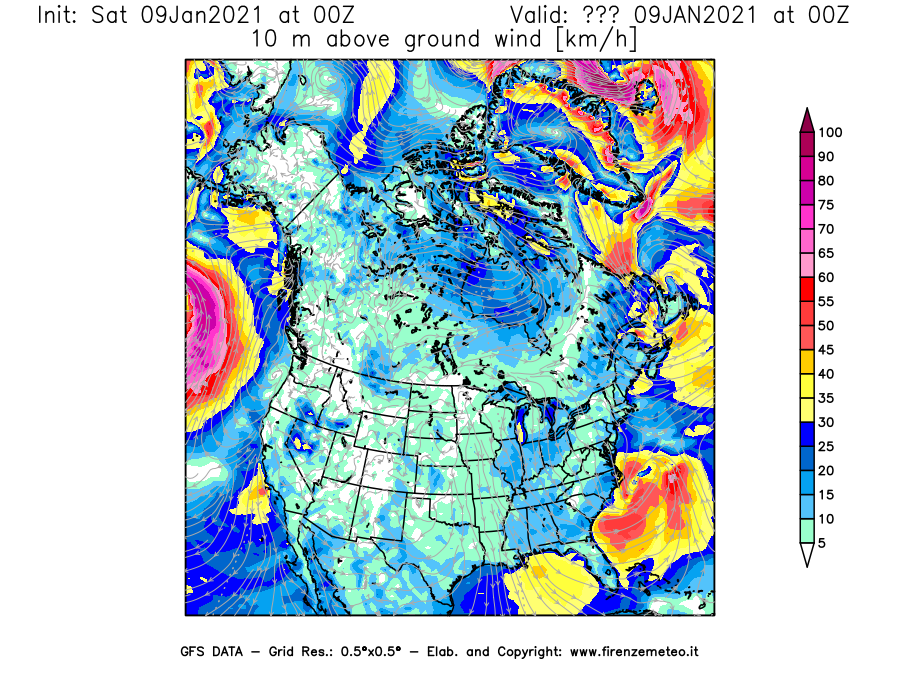 Mappa di analisi GFS - Velocità del vento a 10 metri dal suolo [km/h] in Nord-America
							del 09/01/2021 00 <!--googleoff: index-->UTC<!--googleon: index-->