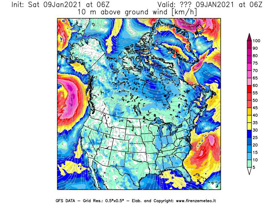 Mappa di analisi GFS - Velocità del vento a 10 metri dal suolo [km/h] in Nord-America
							del 09/01/2021 06 <!--googleoff: index-->UTC<!--googleon: index-->