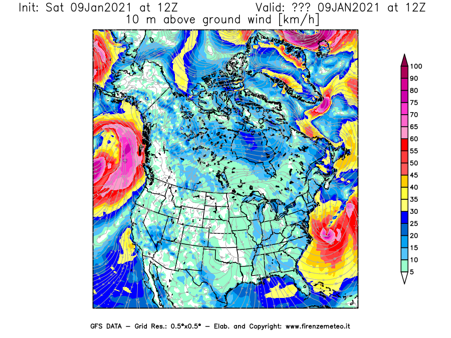 Mappa di analisi GFS - Velocità del vento a 10 metri dal suolo [km/h] in Nord-America
							del 09/01/2021 12 <!--googleoff: index-->UTC<!--googleon: index-->