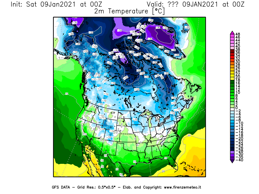 Mappa di analisi GFS - Temperatura a 2 metri dal suolo [°C] in Nord-America
							del 09/01/2021 00 <!--googleoff: index-->UTC<!--googleon: index-->