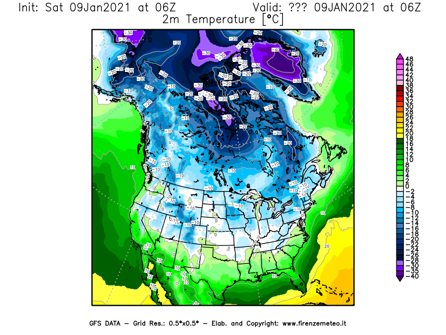 Mappa di analisi GFS - Temperatura a 2 metri dal suolo [°C] in Nord-America
							del 09/01/2021 06 <!--googleoff: index-->UTC<!--googleon: index-->