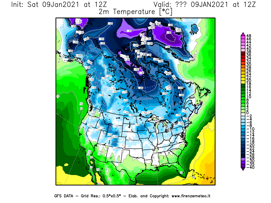 Mappa di analisi GFS - Temperatura a 2 metri dal suolo [°C] in Nord-America
							del 09/01/2021 12 <!--googleoff: index-->UTC<!--googleon: index-->