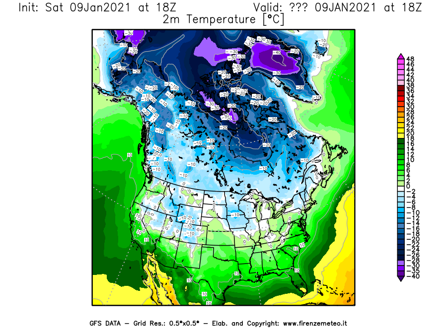 Mappa di analisi GFS - Temperatura a 2 metri dal suolo [°C] in Nord-America
							del 09/01/2021 18 <!--googleoff: index-->UTC<!--googleon: index-->
