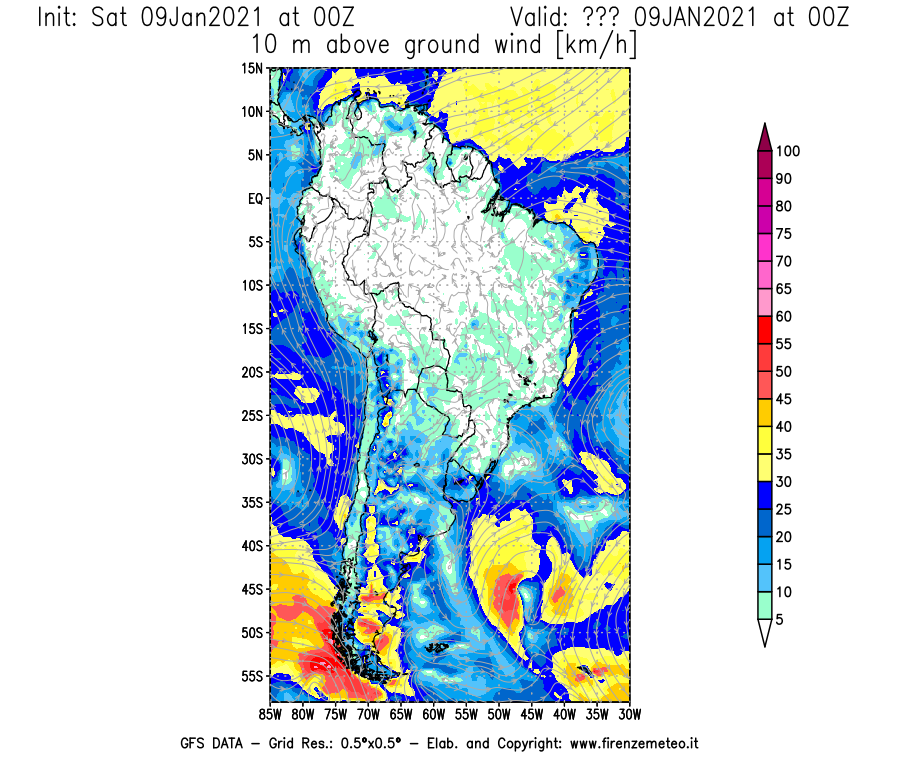 Mappa di analisi GFS - Velocità del vento a 10 metri dal suolo [km/h] in Sud-America
							del 09/01/2021 00 <!--googleoff: index-->UTC<!--googleon: index-->