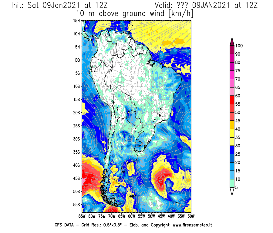 Mappa di analisi GFS - Velocità del vento a 10 metri dal suolo [km/h] in Sud-America
							del 09/01/2021 12 <!--googleoff: index-->UTC<!--googleon: index-->