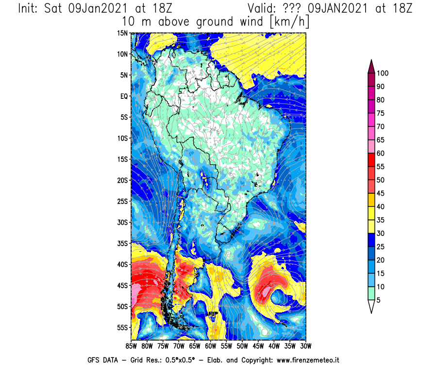 Mappa di analisi GFS - Velocità del vento a 10 metri dal suolo [km/h] in Sud-America
							del 09/01/2021 18 <!--googleoff: index-->UTC<!--googleon: index-->