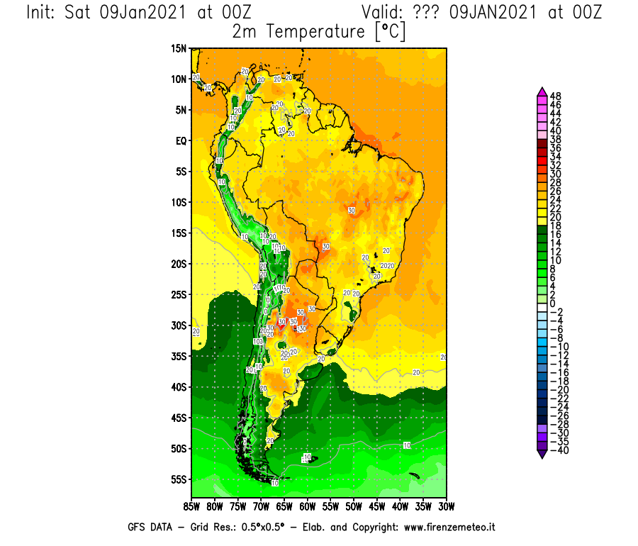 Mappa di analisi GFS - Temperatura a 2 metri dal suolo [°C] in Sud-America
							del 09/01/2021 00 <!--googleoff: index-->UTC<!--googleon: index-->