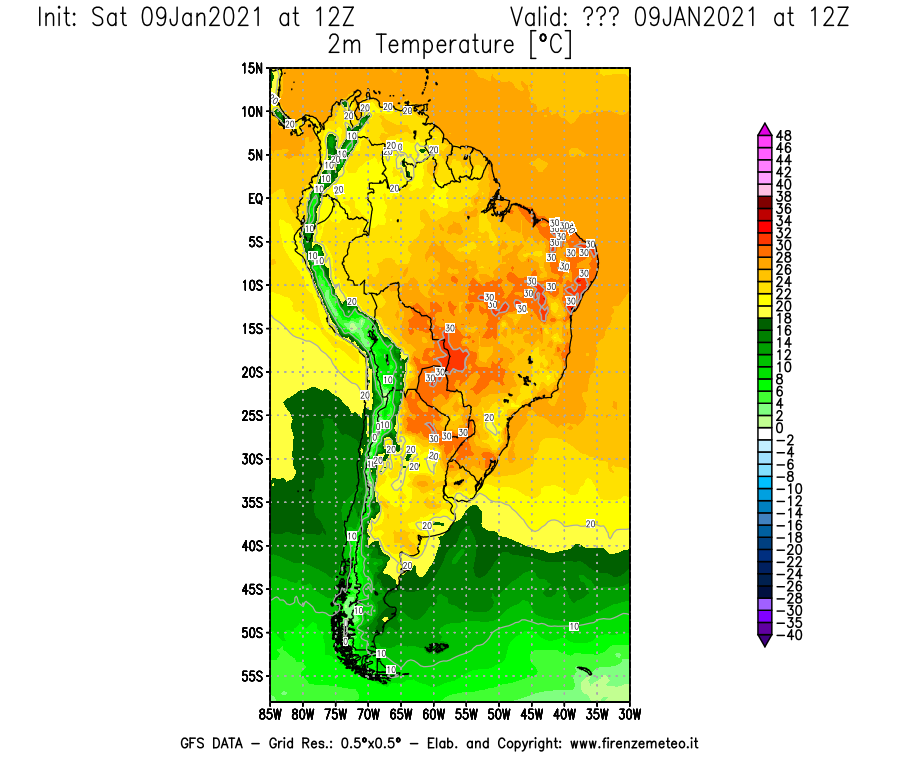 Mappa di analisi GFS - Temperatura a 2 metri dal suolo [°C] in Sud-America
							del 09/01/2021 12 <!--googleoff: index-->UTC<!--googleon: index-->