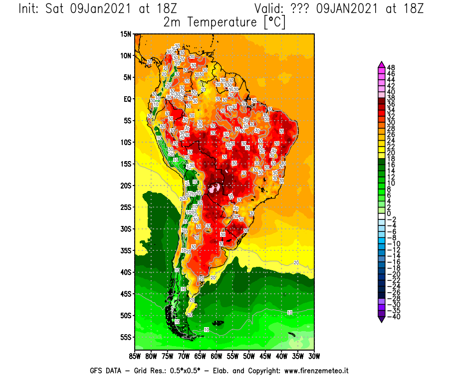 Mappa di analisi GFS - Temperatura a 2 metri dal suolo [°C] in Sud-America
							del 09/01/2021 18 <!--googleoff: index-->UTC<!--googleon: index-->
