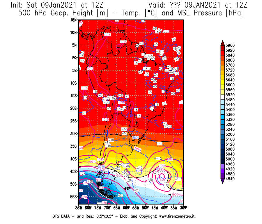 Mappa di analisi GFS - Geopotenziale [m] + Temp. [°C] a 500 hPa + Press. a livello del mare [hPa] in Sud-America
							del 09/01/2021 12 <!--googleoff: index-->UTC<!--googleon: index-->