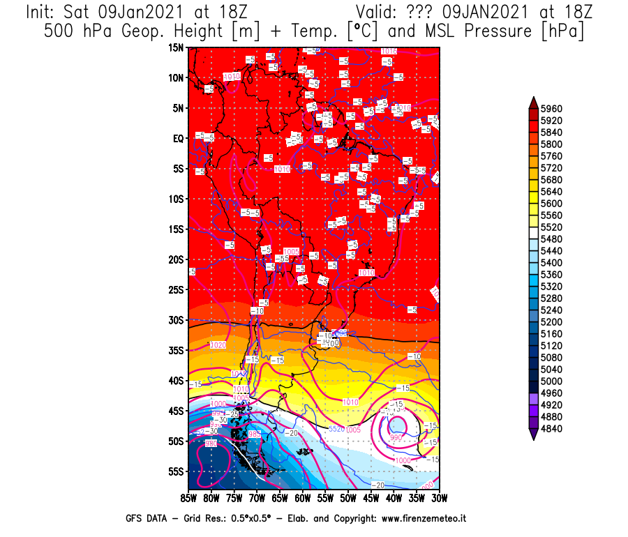 Mappa di analisi GFS - Geopotenziale [m] + Temp. [°C] a 500 hPa + Press. a livello del mare [hPa] in Sud-America
							del 09/01/2021 18 <!--googleoff: index-->UTC<!--googleon: index-->