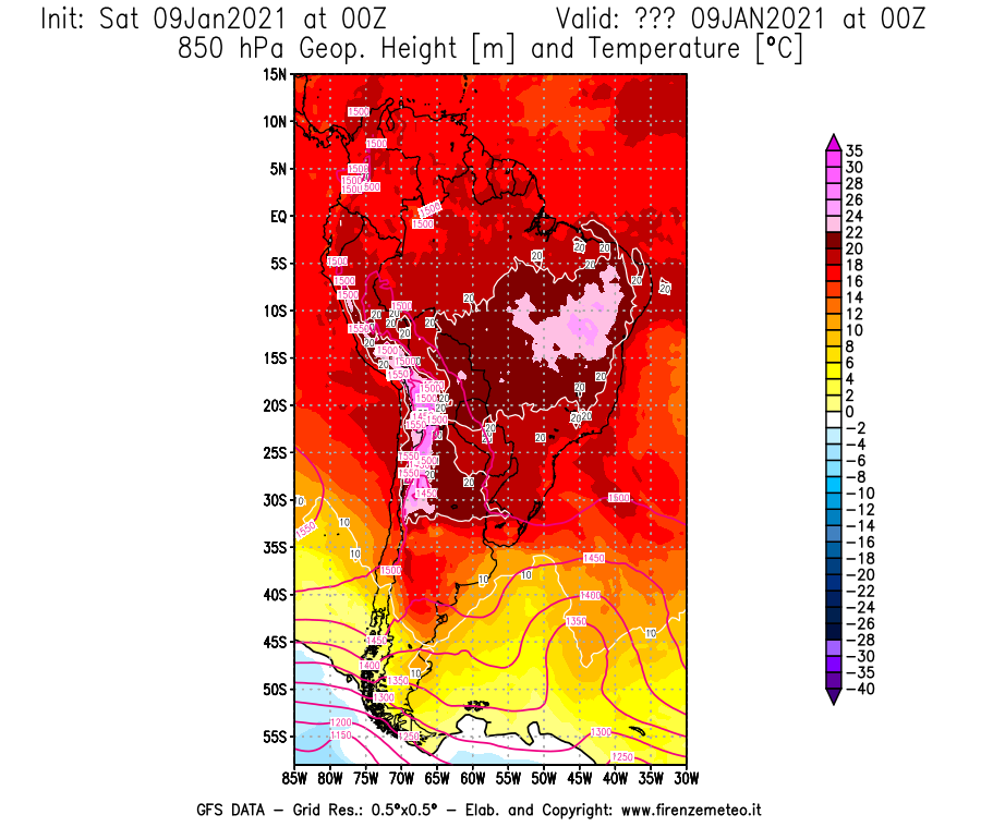 Mappa di analisi GFS - Geopotenziale [m] e Temperatura [°C] a 850 hPa in Sud-America
							del 09/01/2021 00 <!--googleoff: index-->UTC<!--googleon: index-->
