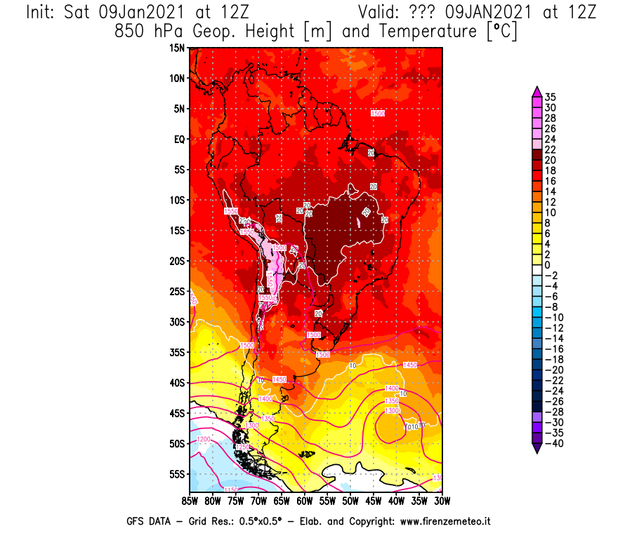 Mappa di analisi GFS - Geopotenziale [m] e Temperatura [°C] a 850 hPa in Sud-America
							del 09/01/2021 12 <!--googleoff: index-->UTC<!--googleon: index-->