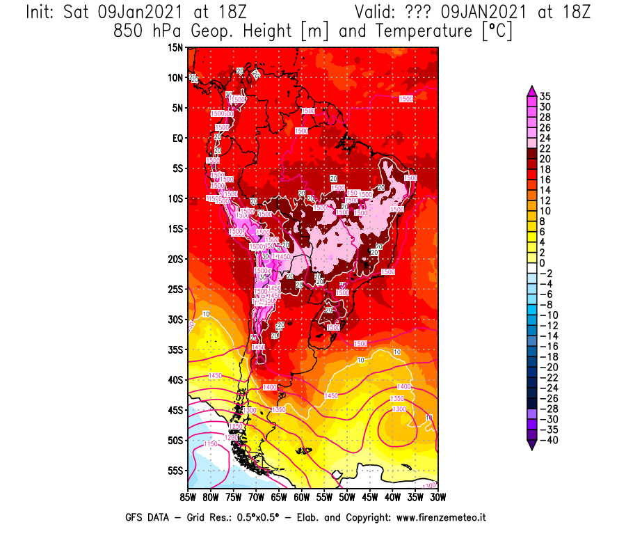 Mappa di analisi GFS - Geopotenziale [m] e Temperatura [°C] a 850 hPa in Sud-America
							del 09/01/2021 18 <!--googleoff: index-->UTC<!--googleon: index-->