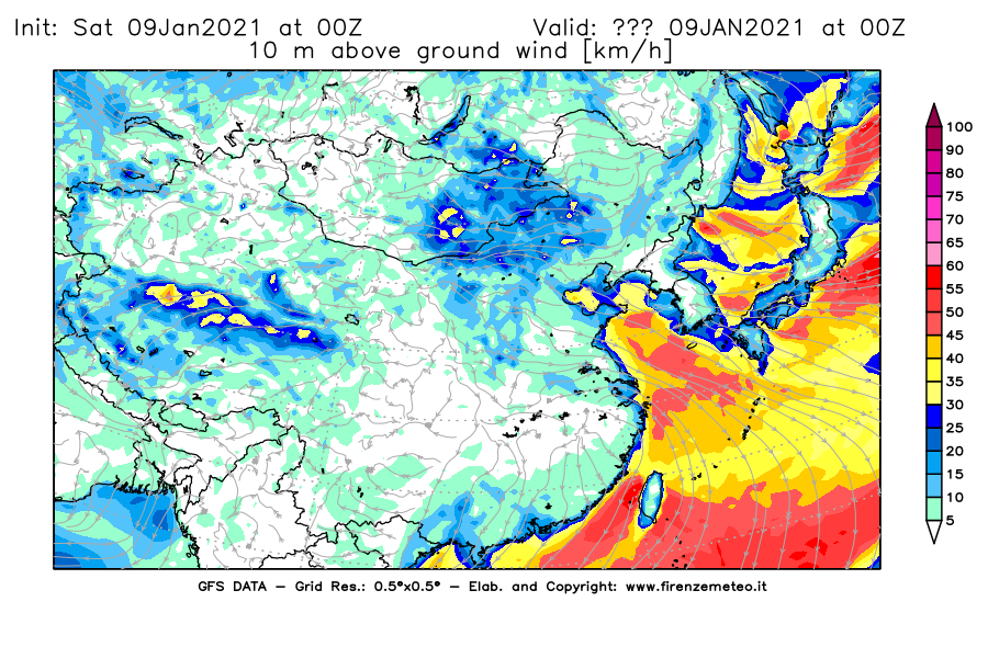 Mappa di analisi GFS - Velocità del vento a 10 metri dal suolo [km/h] in Asia Orientale
							del 09/01/2021 00 <!--googleoff: index-->UTC<!--googleon: index-->